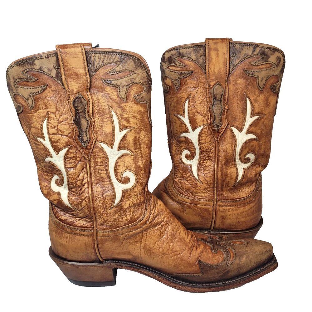 LUCCHESE 1883 Women's Snip Toe Boots 7.5 B Brown Wht Cowgirl Western Ranch Wear